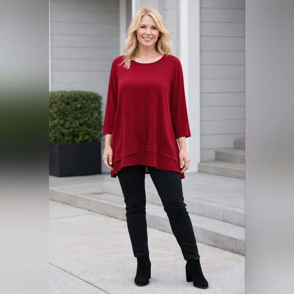 Chico's Red Button Accent Sleeve Chiffon Hem Tunic Blouse Size 2 (LARGE)